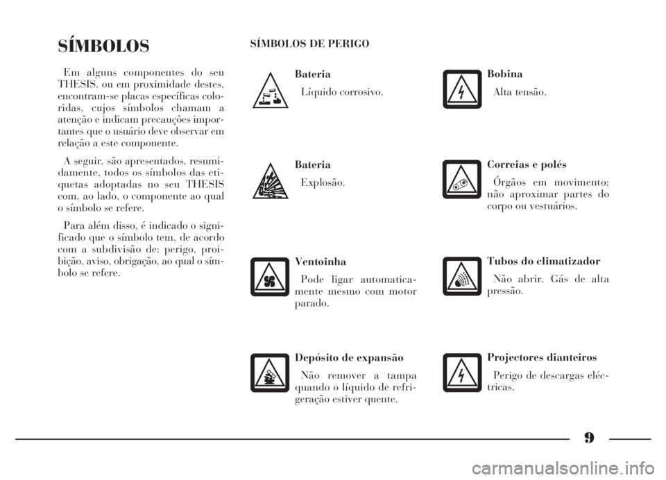 Lancia Thesis 2007  Manual de Uso e Manutenção (in Portuguese) 9
Bateria
Líquido corrosivo.
SÍMBOLOS
Em alguns componentes do seu
THESIS, ou em proximidade destes,
encontram-se placas específicas colo-
ridas, cujos símbolos chamam a
atenção e indicam precau