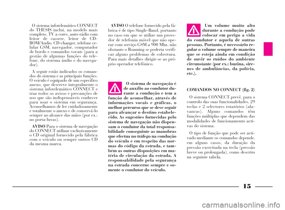 Lancia Thesis 2008  Manual de Uso e Manutenção (in Portuguese) 15
O sistema infotelemático CONNECT
do THESIS inclui, na modelo mais
completo, TV a cores, auto-rádio com
leitor de cassete, leitor de CD-
ROM/Audio, CD-changer, telefone ce-
lular GSM, navegador, c