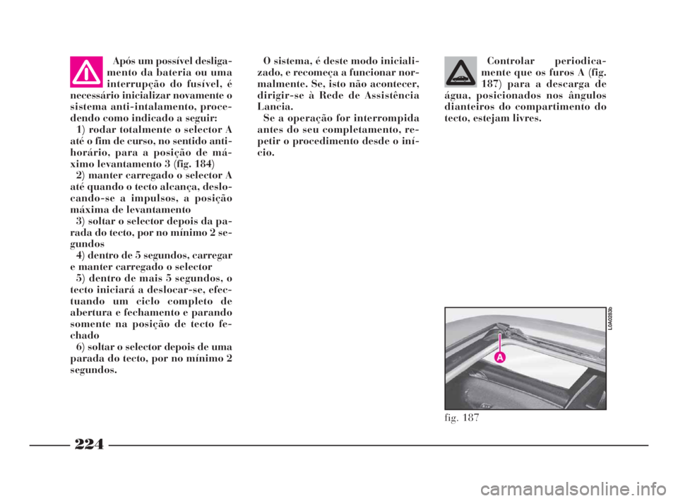 Lancia Thesis 2008 Manual de Uso e Manutenção (in Portuguese) 224
Após um possível desliga-
mento da bateria ou uma
interrupção do fusível, é
necessário inicializar novamente o
sistema anti-intalamento, proce-
dendo como indicado a seguir:
1) rodar totalm Lancia Thesis 2008 Manual de Uso e Manutenção (in Portuguese) 224
Após um possível desliga-
mento da bateria ou uma
interrupção do fusível, é
necessário inicializar novamente o
sistema anti-intalamento, proce-
dendo como indicado a seguir:
1) rodar totalm