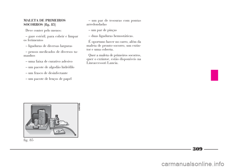 Lancia Thesis 2008 Manual de Uso e Manutenção (in Portuguese) 309
MALETA DE PRIMEIROS
SOCORROS (fig. 85)
Deve conter pelo menos:
– gaze estéril, para cobrir e limpar
os ferimentos
– ligaduras de diversas larguras
– pensos medicados de diversos ta-
manhos
Lancia Thesis 2008 Manual de Uso e Manutenção (in Portuguese) 309
MALETA DE PRIMEIROS
SOCORROS (fig. 85)
Deve conter pelo menos:
– gaze estéril, para cobrir e limpar
os ferimentos
– ligaduras de diversas larguras
– pensos medicados de diversos ta-
manhos
