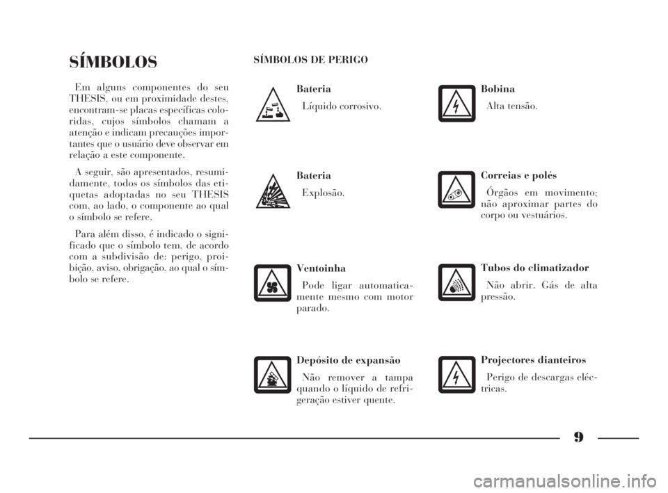 Lancia Thesis 2009  Manual de Uso e Manutenção (in Portuguese) 9
Bateria
Líquido corrosivo.
SÍMBOLOS
Em alguns componentes do seu
THESIS, ou em proximidade destes,
encontram-se placas específicas colo-
ridas, cujos símbolos chamam a
atenção e indicam precau