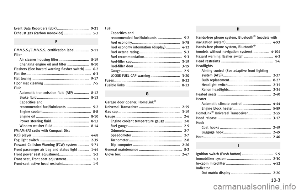 INFINITI EX 2013  Owners Manual Event Data Recorders (EDR) ............................... 9-21
Exhaust gas (carbon monoxide) .......................... 5-3
F
F.M.V.S.S./C.M.V.S.S. certification label ............. 9-11
FilterAir cl