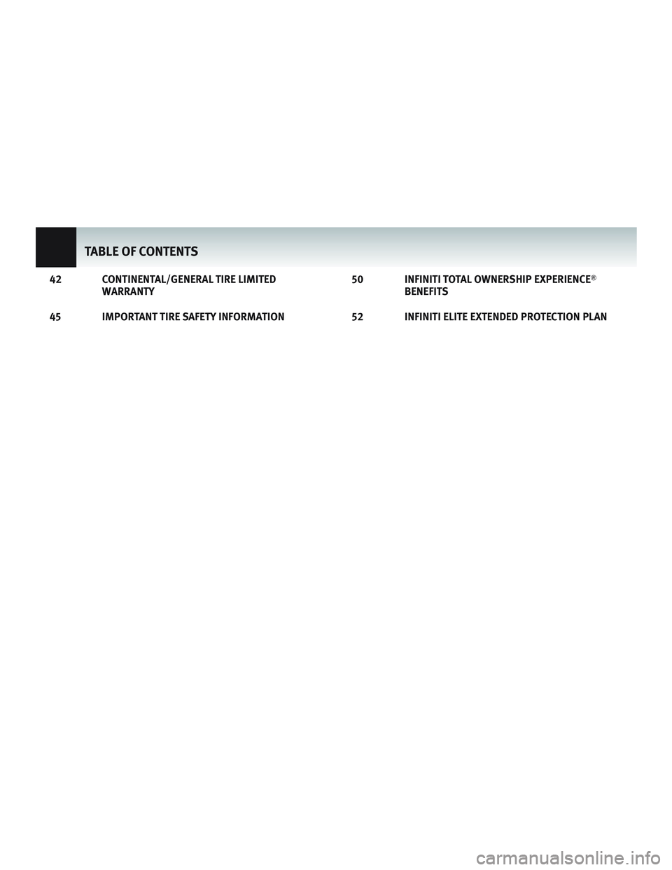 INFINITI M 2013  Warranty Information Booklet 42 CONTINENTAL/GENERAL TIRE LIMITEDWARRANTY
45 IMPORTANT TIRE SAFETY INFORMATION 50 INFINITI TOTAL OWNERSHIP EXPERIENCE

BENEFITS
52 INFINITI ELITE EXTENDED PROTECTION PLAN
TABLE OF CONTENTS 