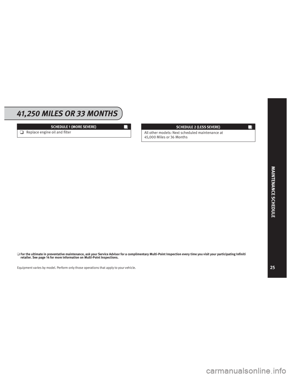 INFINITI M HYBRID 2013  Service And Maintenance Guide SCHEDULE 1 (MORE SEVERE)
❑Replace engine oil and filterSCHEDULE 2 (LESS SEVERE)
All other models: Next scheduled maintenance at
45,000 Miles or 36 Months
❑For the ultimate in prev entative mainten