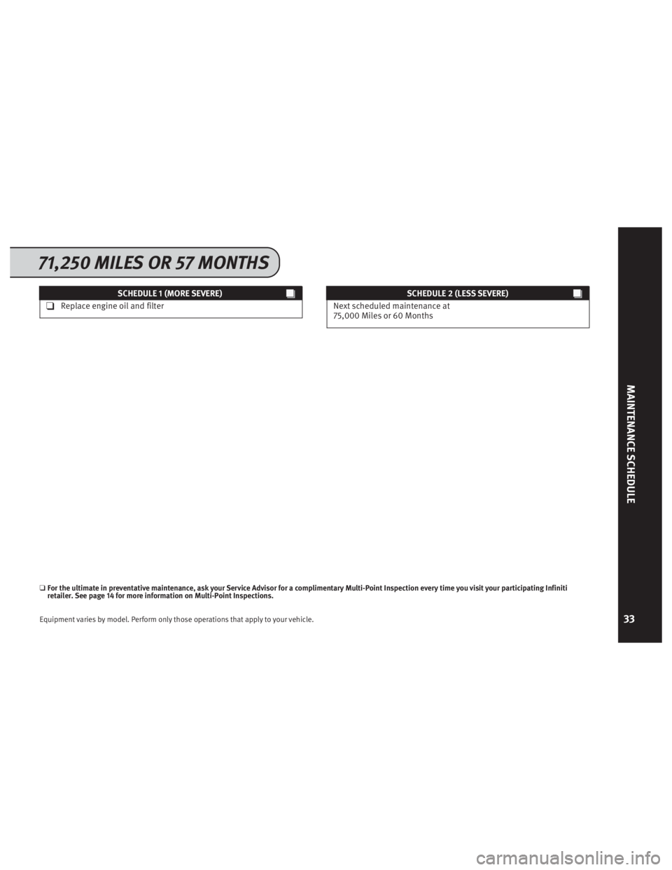 INFINITI QX56 2013  Service And Maintenance Guide SCHEDULE 1 (MORE SEVERE)
❑Replace engine oil and filterSCHEDULE 2 (LESS SEVERE)
Next scheduled maintenance at
75,000 Miles or 60 Months
❑For the ultimate in prev entative maintenance, ask your Ser