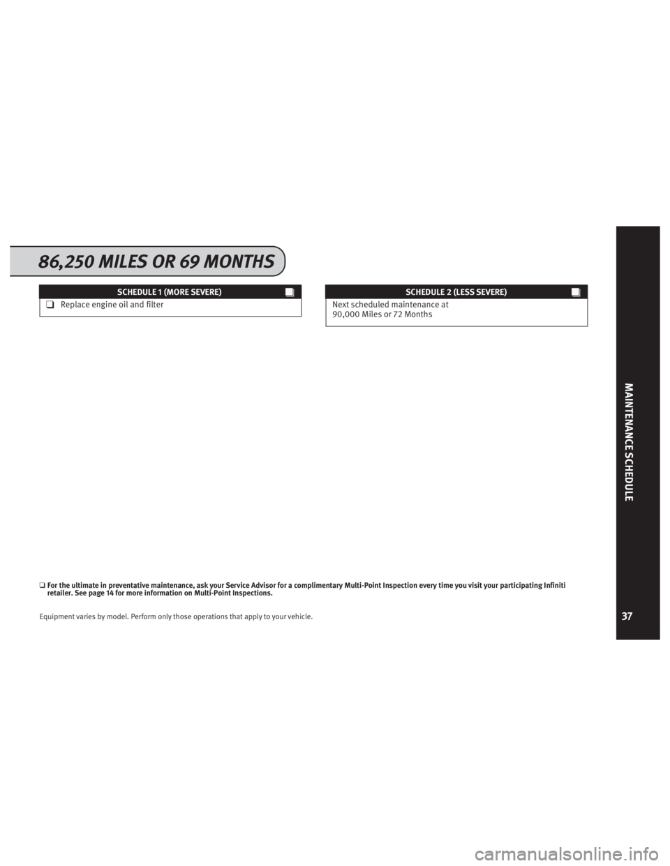 INFINITI QX56 2013  Service And Maintenance Guide SCHEDULE 1 (MORE SEVERE)
❑Replace engine oil and filterSCHEDULE 2 (LESS SEVERE)
Next scheduled maintenance at
90,000 Miles or 72 Months
❑For the ultimate in prev entative maintenance, ask your Ser