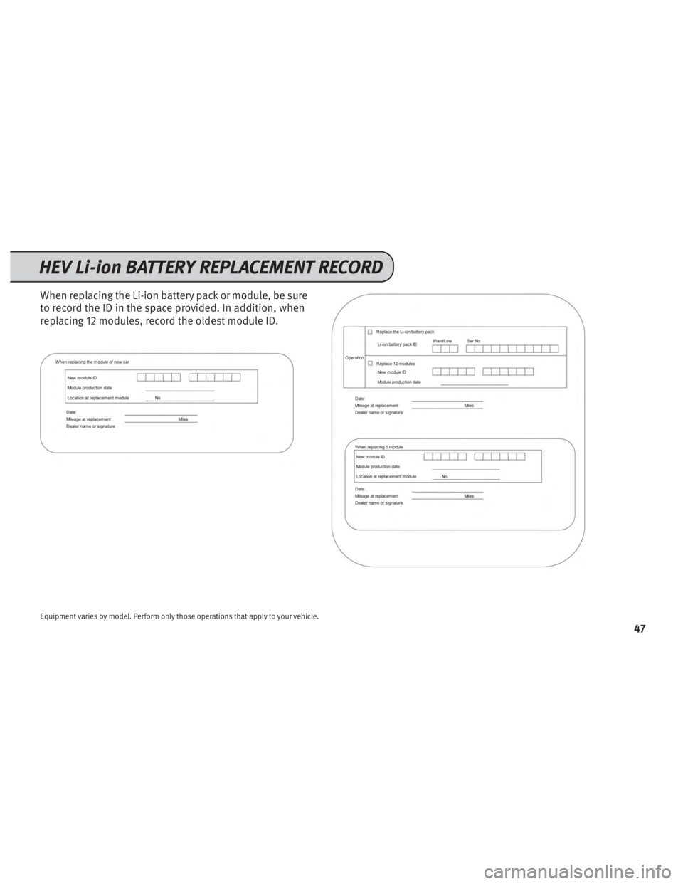 INFINITI JX 2013  Service And Maintenance Guide When replacing the Li-ion battery pack or module, be sure
to record the ID in the space provided. In addition, when
replacing 12 modules, record the oldest module ID.
Equipment varies by model. Perfor