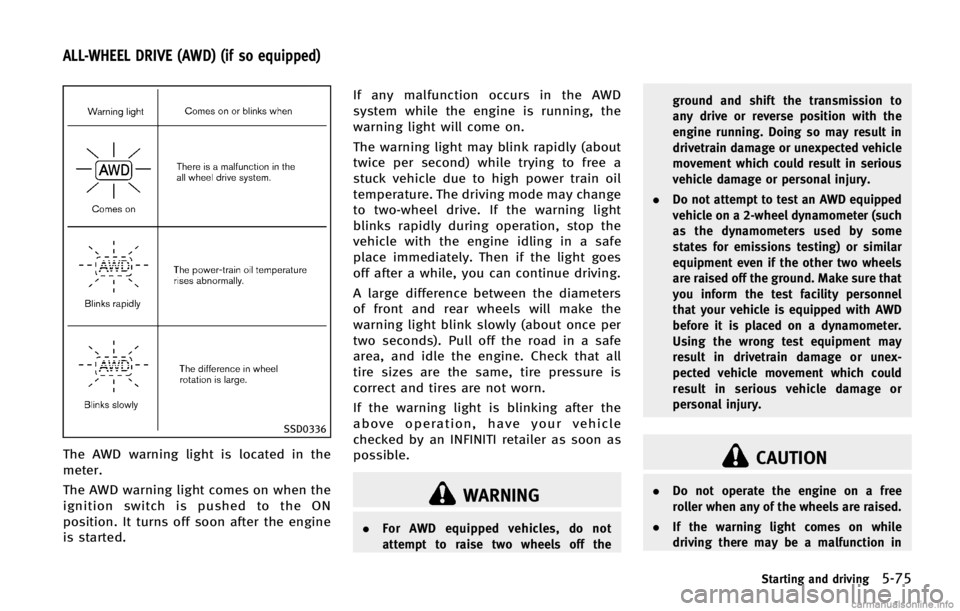 INFINITI FX 2013  Owners Manual GUID-44459E62-6D34-4985-AA7E-DB14511A5AF5
SSD0336
The AWD warning light is located in the
meter.
The AWD warning light comes on when the
ignition switch is pushed to the ON
position. It turns off soon