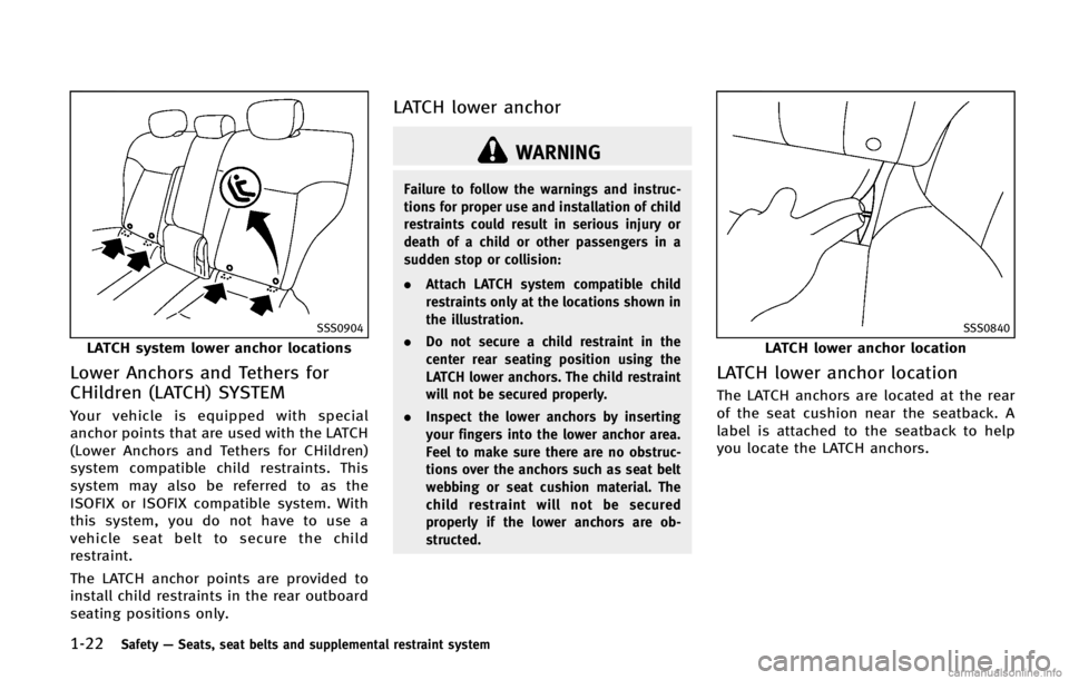 INFINITI FX 2013 Service Manual 1-22Safety—Seats, seat belts and supplemental restraint system
SSS0904
LATCH system lower anchor locations
Lower Anchors and Tethers for
CHildren (LATCH) SYSTEM
GUID-F386DD2F-53B1-4667-AD6F-8BF667FB INFINITI FX 2013 Service Manual 1-22Safety—Seats, seat belts and supplemental restraint system
SSS0904
LATCH system lower anchor locations
Lower Anchors and Tethers for
CHildren (LATCH) SYSTEM
GUID-F386DD2F-53B1-4667-AD6F-8BF667FB