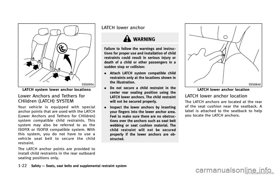 INFINITI FX 2013  Owners Manual 1-22Safety—Seats, seat belts and supplemental restraint system
SSS0904
LATCH system lower anchor locations
Lower Anchors and Tethers for
CHildren (LATCH) SYSTEM
GUID-F386DD2F-53B1-4667-AD6F-8BF667FB