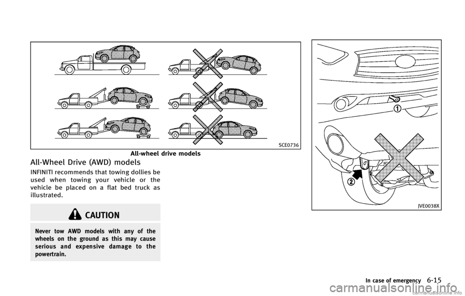 INFINITI FX 2013 User Guide SCE0736
All-wheel drive models
All-Wheel Drive (AWD) modelsGUID-ED4C6466-2031-4B2E-A84B-2EAA13822FA0
CAUTION
Never tow AWD models with any of the
wheels on the ground as this may cause
serious and exp INFINITI FX 2013 User Guide SCE0736
All-wheel drive models
All-Wheel Drive (AWD) modelsGUID-ED4C6466-2031-4B2E-A84B-2EAA13822FA0
CAUTION
Never tow AWD models with any of the
wheels on the ground as this may cause
serious and exp