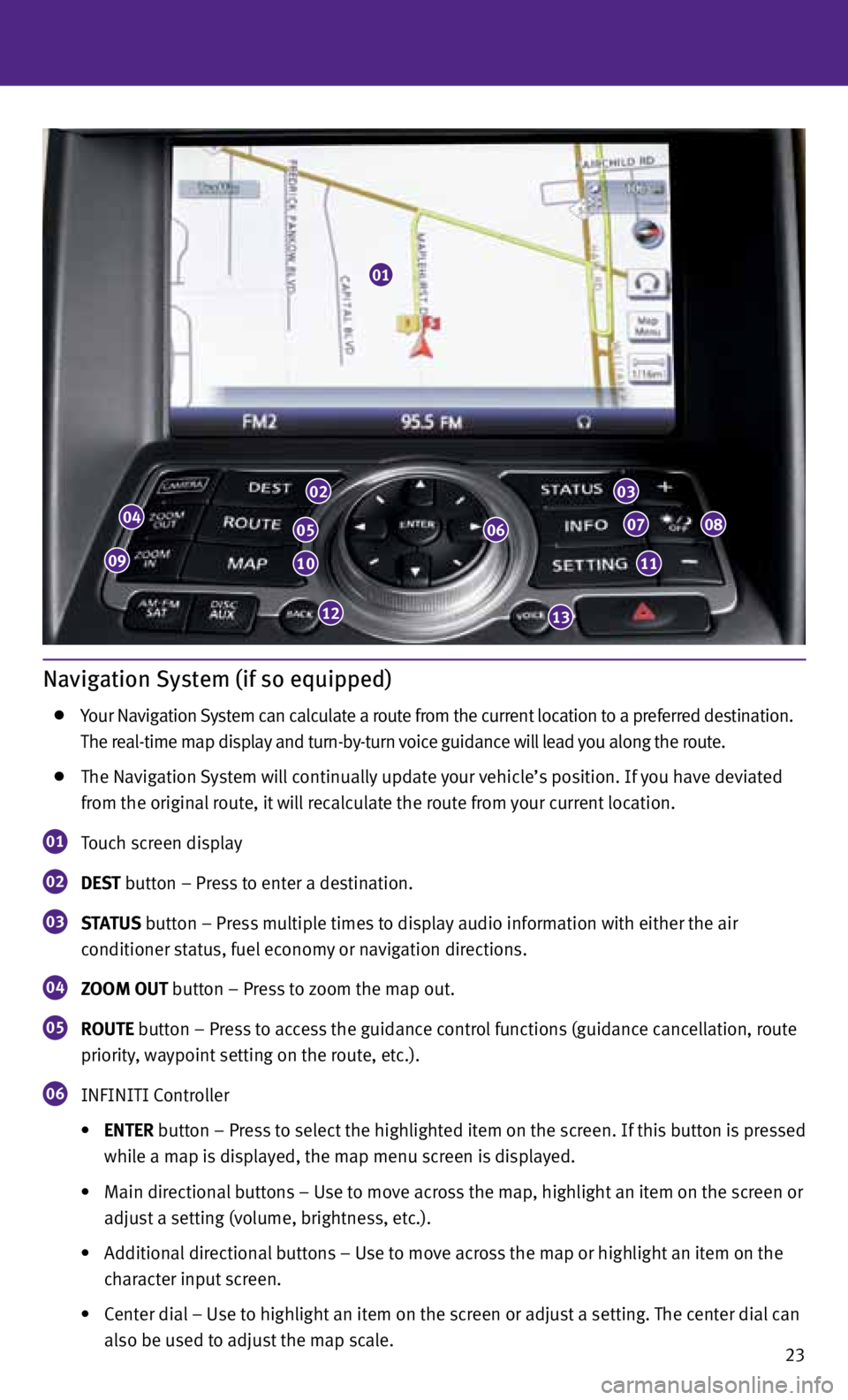 INFINITI FX 2013  Quick Reference Guide 23
Navigation System (if so equipped)
  Your Navigation System can calculate a route from the current location to a preferred destination.   
    The real-time map display and turn-by-turn voice guida