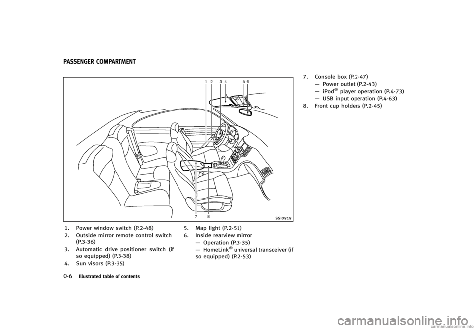 INFINITI G CONVERTIBLE 2013 Owners Manual 0-6Illustrated table of contents
GUID-93FC41A6-F022-4027-BBCE-C8E141038627
SSI0818
1. Power window switch (P.2-48)
2. Outside mirror remote control switch(P.3-36)
3. Automatic drive positioner switch INFINITI G CONVERTIBLE 2013 Owners Manual 0-6Illustrated table of contents
GUID-93FC41A6-F022-4027-BBCE-C8E141038627
SSI0818
1. Power window switch (P.2-48)
2. Outside mirror remote control switch(P.3-36)
3. Automatic drive positioner switch