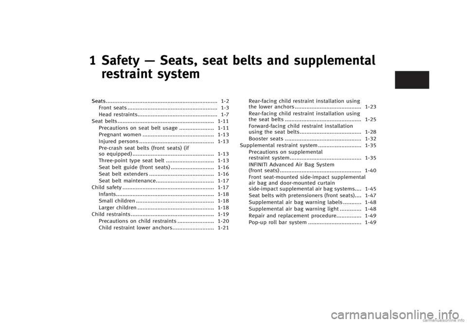 INFINITI G CONVERTIBLE 2013  Owners Manual 1 Safety—Seats, seat belts and supplemental
restraint system
Seats ...
................................................................... 1-2
Front seats ...
.......................................