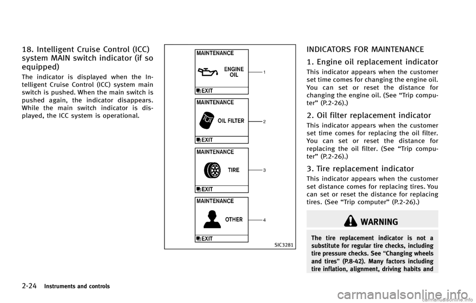 INFINITI G COUPE 2013  Owners Manual 2-24Instruments and controls
SIC3281
INDICATORS FOR MAINTENANCEGUID-5EA9FA72-B4A3-457B-B214-AB899857C8F6
WARNING
The tire replacement indicator is not a
substitute for regular tire checks, including
t