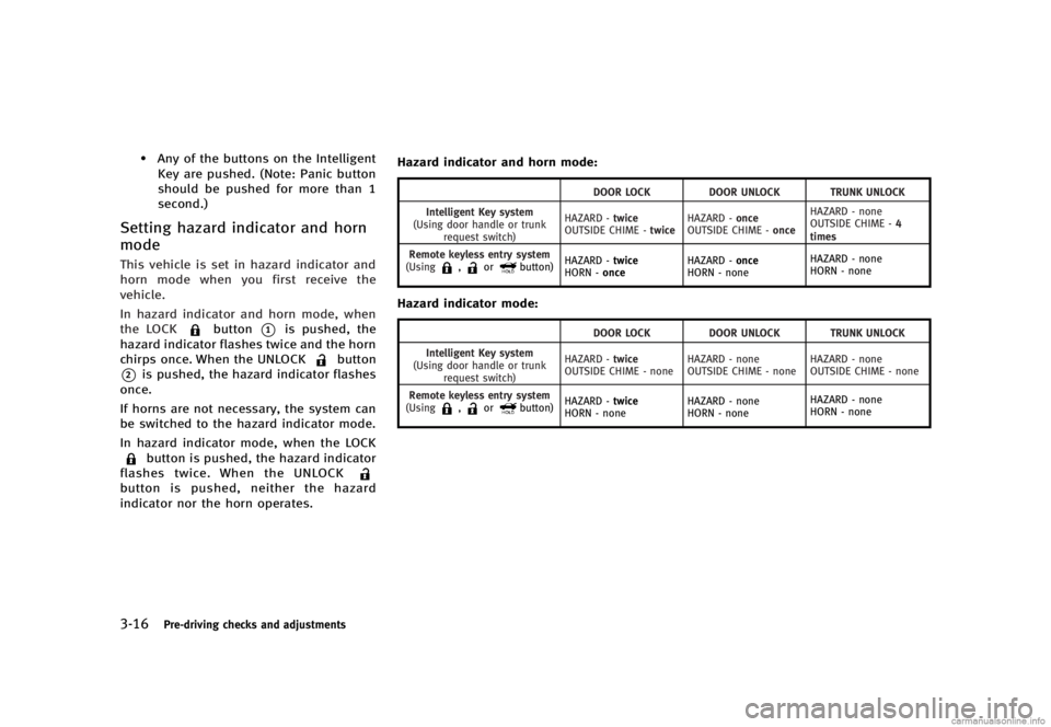 INFINITI G SEDAN 2013  Owners Manual Black plate (158,1)
[ Edit: 2012/ 7/ 6 Model: V36-D ]
3-16Pre-driving checks and adjustments
.Any of the buttons on the IntelligentKey are pushed. (Note: Panic button
should be pushed for more than 1
