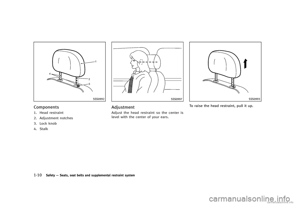 INFINITI G SEDAN 2013 Owners Guide Black plate (32,1)
[ Edit: 2012/ 7/ 6 Model: V36-D ]
1-10Safety—Seats, seat belts and supplemental restraint system
SSS0992
ComponentsGUID-DBDCC61D-24FD-4E47-A348-FDC0C6CDF9601. Head restraint
2. Ad