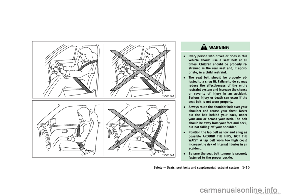 INFINITI G SEDAN 2013 Owners Guide Black plate (37,1)
[ Edit: 2012/ 7/ 6 Model: V36-D ]
SSS0136A
SSS0134A
WARNING
.Every person who drives or rides in this
vehicle should use a seat belt at all
times. Children should be properly re-
st