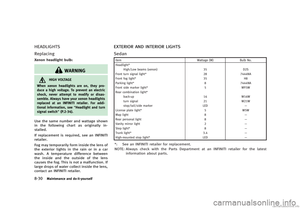 INFINITI G SEDAN 2013  Owners Manual Black plate (434,1)
[ Edit: 2012/ 7/ 6 Model: V36-D ]
8-30Maintenance and do-it-yourself
HEADLIGHTSGUID-2C37EBF3-FE69-4D64-AE03-00ECA5091687
ReplacingGUID-782124E3-CA8B-42A2-90B0-1AC5B2F9C37A
Xenon he