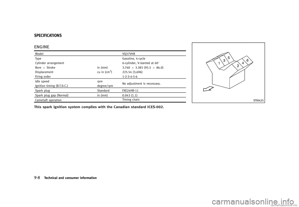 INFINITI G SEDAN 2013  Owners Manual Black plate (458,1)
[ Edit: 2012/ 7/ 6 Model: V36-D ]
9-8Technical and consumer information
GUID-FFBD2EF3-5719-47E5-B112-89129991741B
ENGINEGUID-0847A1B6-AE80-4107-9ADC-D17B43B8EBB3
ModelVQ37VHR
Type 