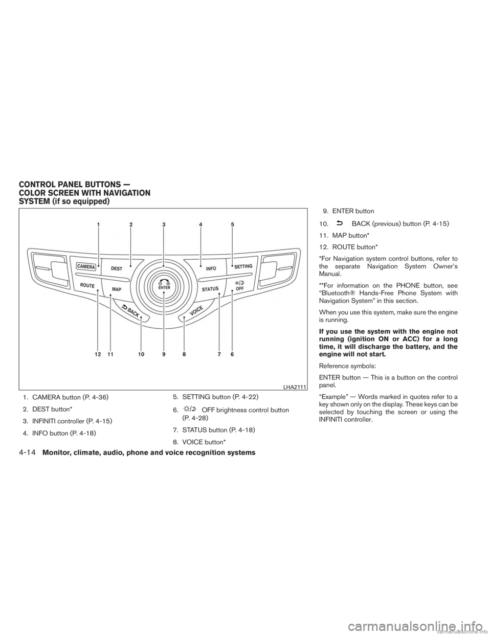 INFINITI JX 2013 Service Manual 1. CAMERA button (P. 4-36)
2. DEST button*
3. INFINITI controller (P. 4-15)
4. INFO button (P. 4-18)5. SETTING button (P. 4-22)
6.
OFF brightness control button
(P. 4-28)
7. STATUS button (P. 4-18)
8. INFINITI JX 2013 Service Manual 1. CAMERA button (P. 4-36)
2. DEST button*
3. INFINITI controller (P. 4-15)
4. INFO button (P. 4-18)5. SETTING button (P. 4-22)
6.
OFF brightness control button
(P. 4-28)
7. STATUS button (P. 4-18)
8.