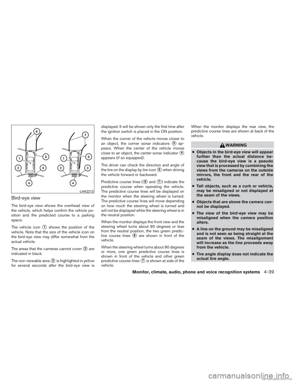 INFINITI JX 2013 Manual PDF Bird-eye view
The bird-eye view shows the overhead view of
the vehicle, which helps confirm the vehicle po-
sition and the predicted course to a parking
space.
The vehicle icon
1shows the position of
