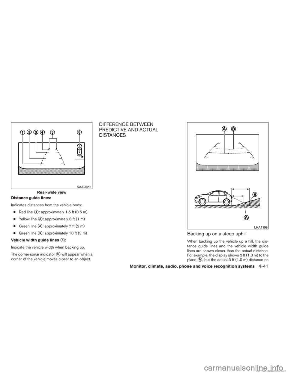 INFINITI JX 2013 Manual PDF Distance guide lines:
Indicates distances from the vehicle body:● Red line
1: approximately 1.5 ft (0.5 m)
● Yellow line
2: approximately 3 ft (1 m)
● Green line
3: approximately 7 ft (2 m)
