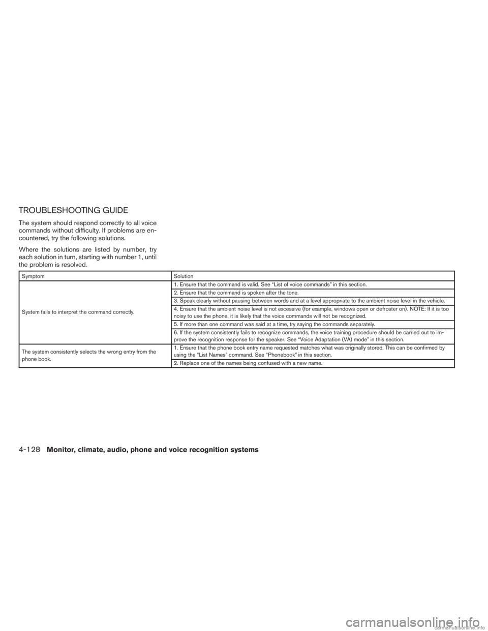 INFINITI JX 2013  Owners Manual TROUBLESHOOTING GUIDE
The system should respond correctly to all voice
commands without difficulty. If problems are en-
countered, try the following solutions.
Where the solutions are listed by number