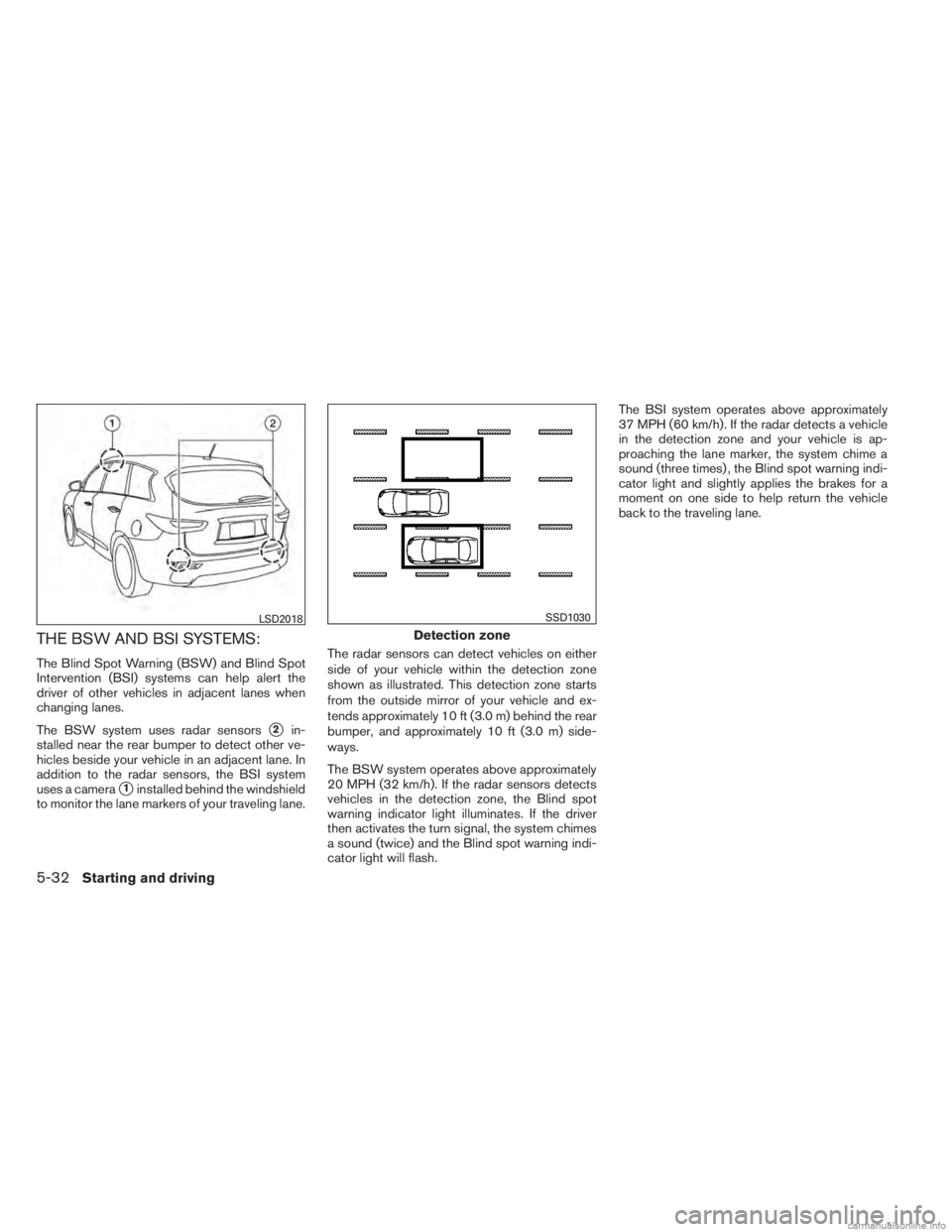 INFINITI JX 2013  Owners Manual THE BSW AND BSI SYSTEMS:
The Blind Spot Warning (BSW) and Blind Spot
Intervention (BSI) systems can help alert the
driver of other vehicles in adjacent lanes when
changing lanes.
The BSW system uses r