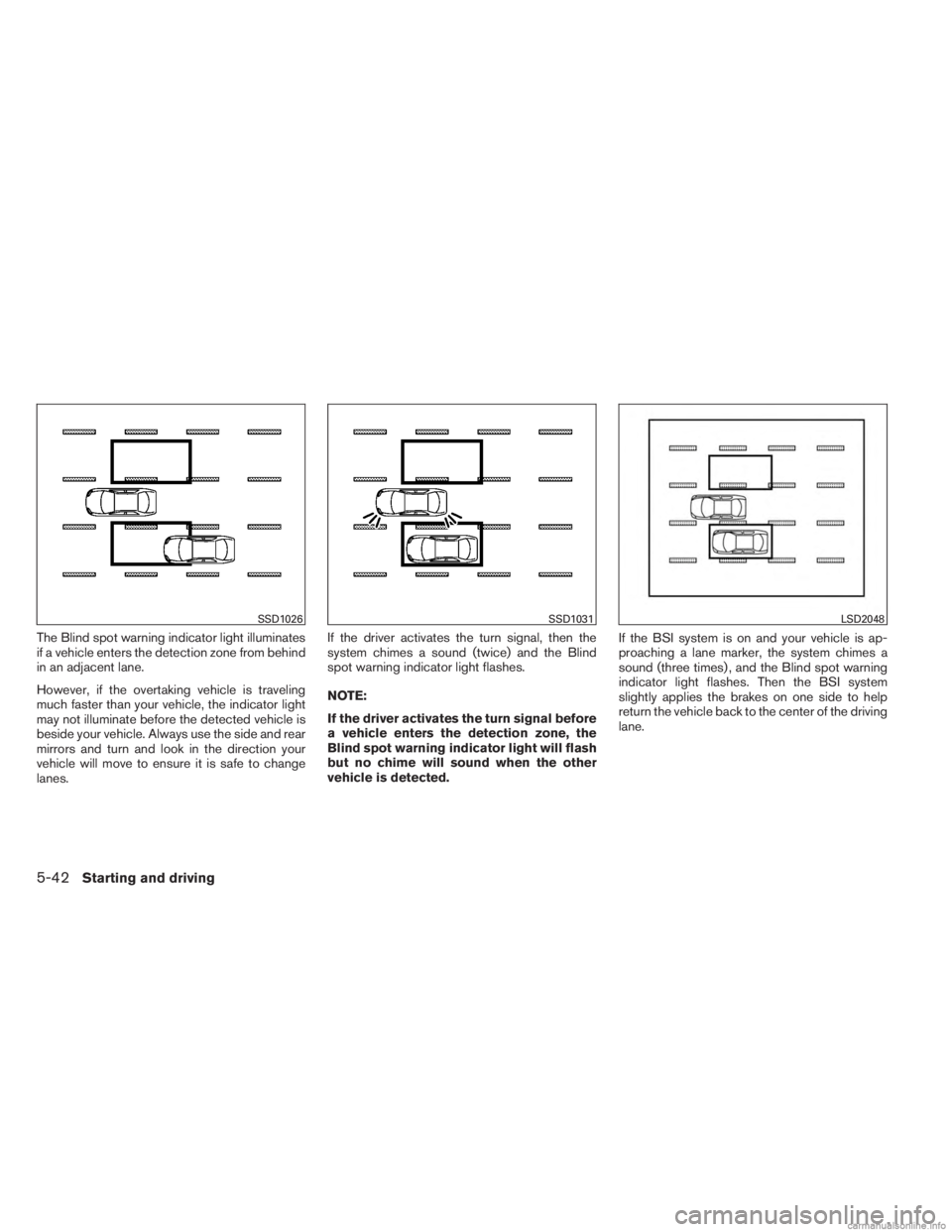 INFINITI JX 2013  Owners Manual The Blind spot warning indicator light illuminates
if a vehicle enters the detection zone from behind
in an adjacent lane.
However, if the overtaking vehicle is traveling
much faster than your vehicle