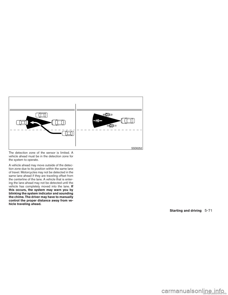 INFINITI JX 2013  Owners Manual The detection zone of the sensor is limited. A
vehicle ahead must be in the detection zone for
the system to operate.
A vehicle ahead may move outside of the detec-
tion zone due to its position withi
