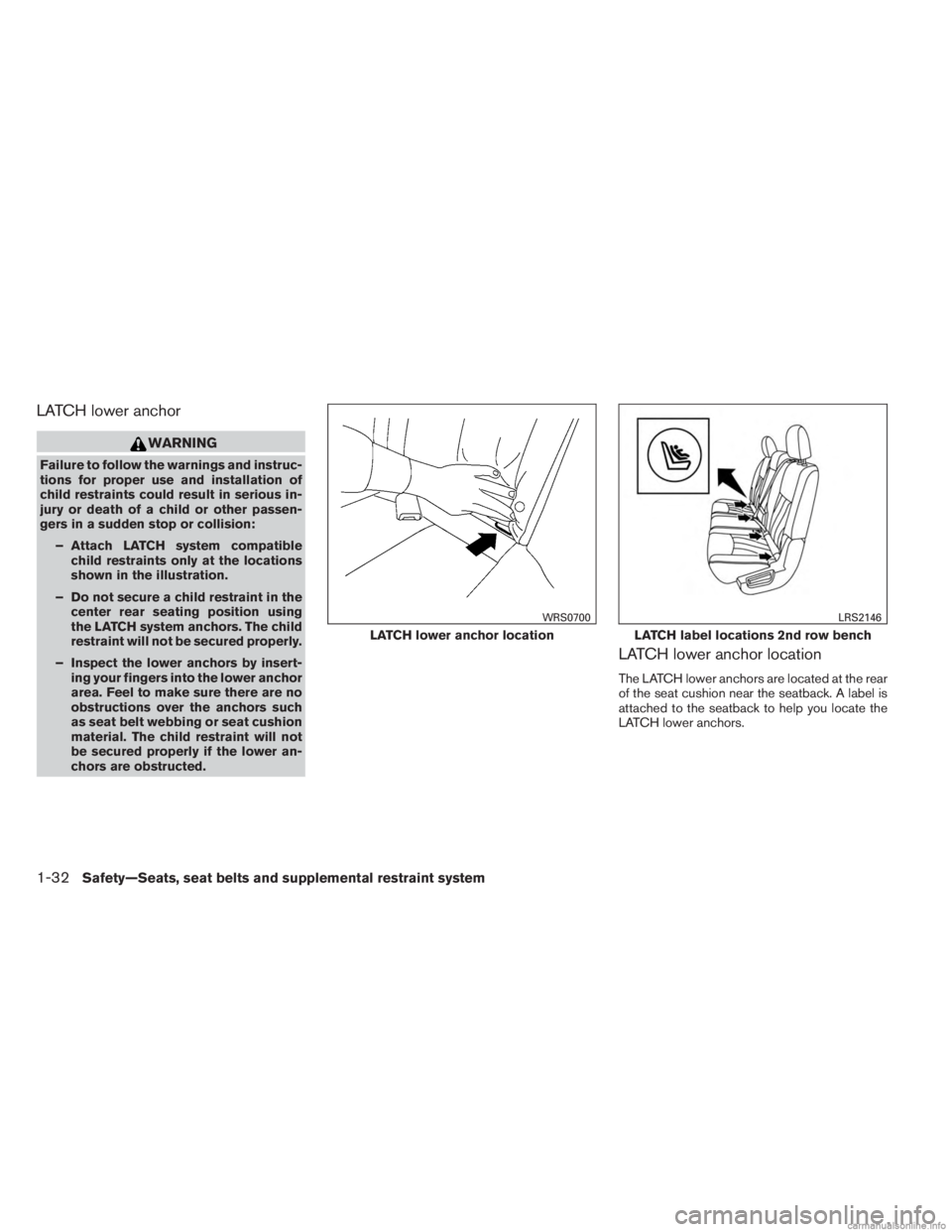 INFINITI JX 2013 Service Manual LATCH lower anchor
WARNING
Failure to follow the warnings and instruc-
tions for proper use and installation of
child restraints could result in serious in-
jury or death of a child or other passen-
g