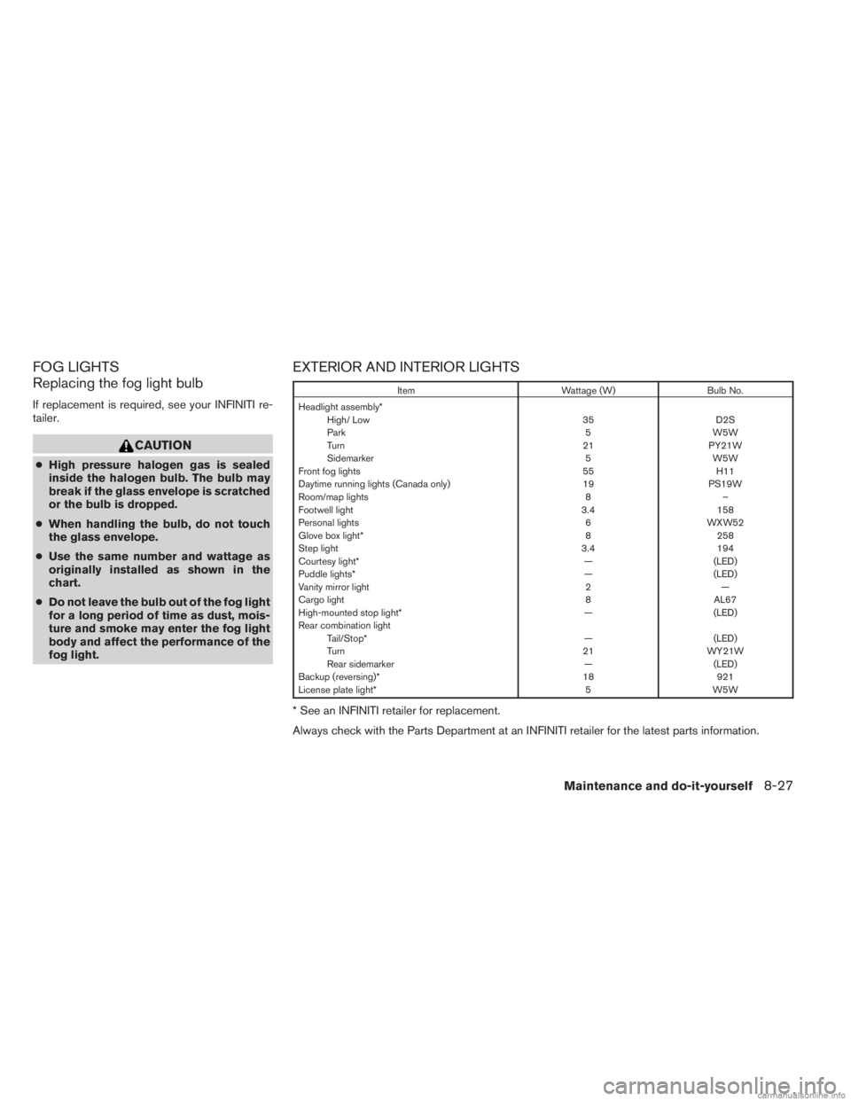 INFINITI JX 2013  Owners Manual FOG LIGHTS
Replacing the fog light bulb
If replacement is required, see your INFINITI re-
tailer.
CAUTION
●High pressure halogen gas is sealed
inside the halogen bulb. The bulb may
break if the glas