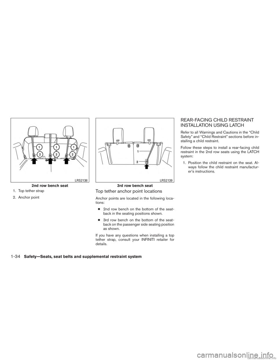 INFINITI JX 2013 Workshop Manual 1. Top tether strap
2. Anchor pointTop tether anchor point locations
Anchor points are located in the following loca-
tions:● 2nd row bench on the bottom of the seat-
back in the seating positions s INFINITI JX 2013 Workshop Manual 1. Top tether strap
2. Anchor pointTop tether anchor point locations
Anchor points are located in the following loca-
tions:● 2nd row bench on the bottom of the seat-
back in the seating positions s
