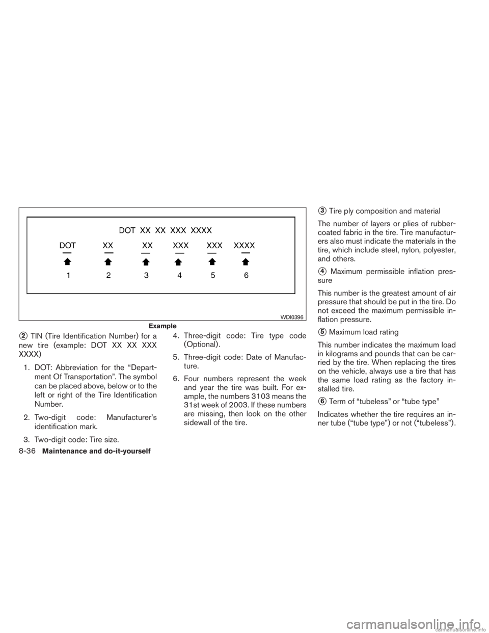 INFINITI JX 2013  Owners Manual 2TIN (Tire Identification Number) for a
new tire (example: DOT XX XX XXX
XXXX)
1. DOT: Abbreviation for the “Depart- ment Of Transportation”. The symbol
can be placed above, below or to the
left 