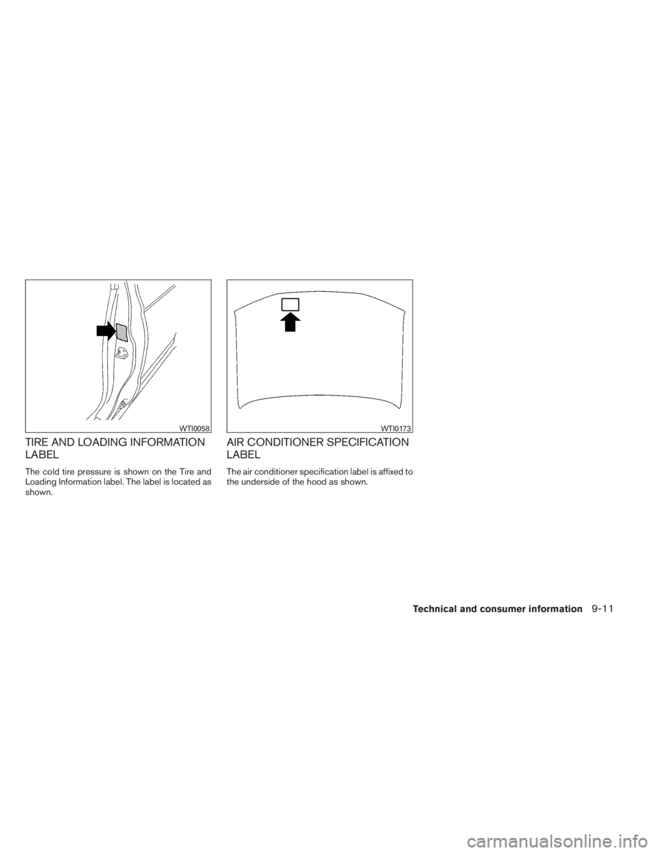 INFINITI JX 2013  Owners Manual TIRE AND LOADING INFORMATION
LABEL
The cold tire pressure is shown on the Tire and
Loading Information label. The label is located as
shown.
AIR CONDITIONER SPECIFICATION
LABEL
The air conditioner spe