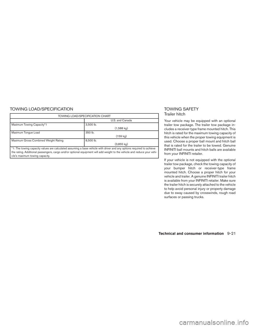 INFINITI JX 2013  Owners Manual TOWING LOAD/SPECIFICATION
TOWING LOAD/SPECIFICATION CHARTU.S. and Canada
Maximum Towing Capacity*1 3,500 lb.
(1,588 kg)
Maximum Tongue Load 350 lb.
(159 kg)
Maximum Gross Combined Weight Rating 8,500 