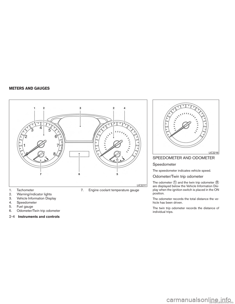 INFINITI JX 2013  Owners Manual 1. Tachometer
2. Warning/indicator lights
3. Vehicle Information Display
4. Speedometer
5. Fuel gauge
6. Odometer/Twin trip odometer7. Engine coolant temperature gauge
SPEEDOMETER AND ODOMETER
Speedom