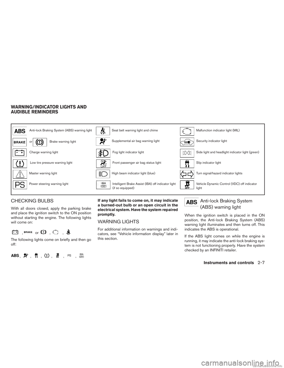 INFINITI JX 2013  Owners Manual Anti-lock Braking System (ABS) warning lightSeat belt warning light and chimeMalfunction indicator light (MIL)
orBrake warning lightSupplemental air bag warning lightSecurity indicator light
Charge wa