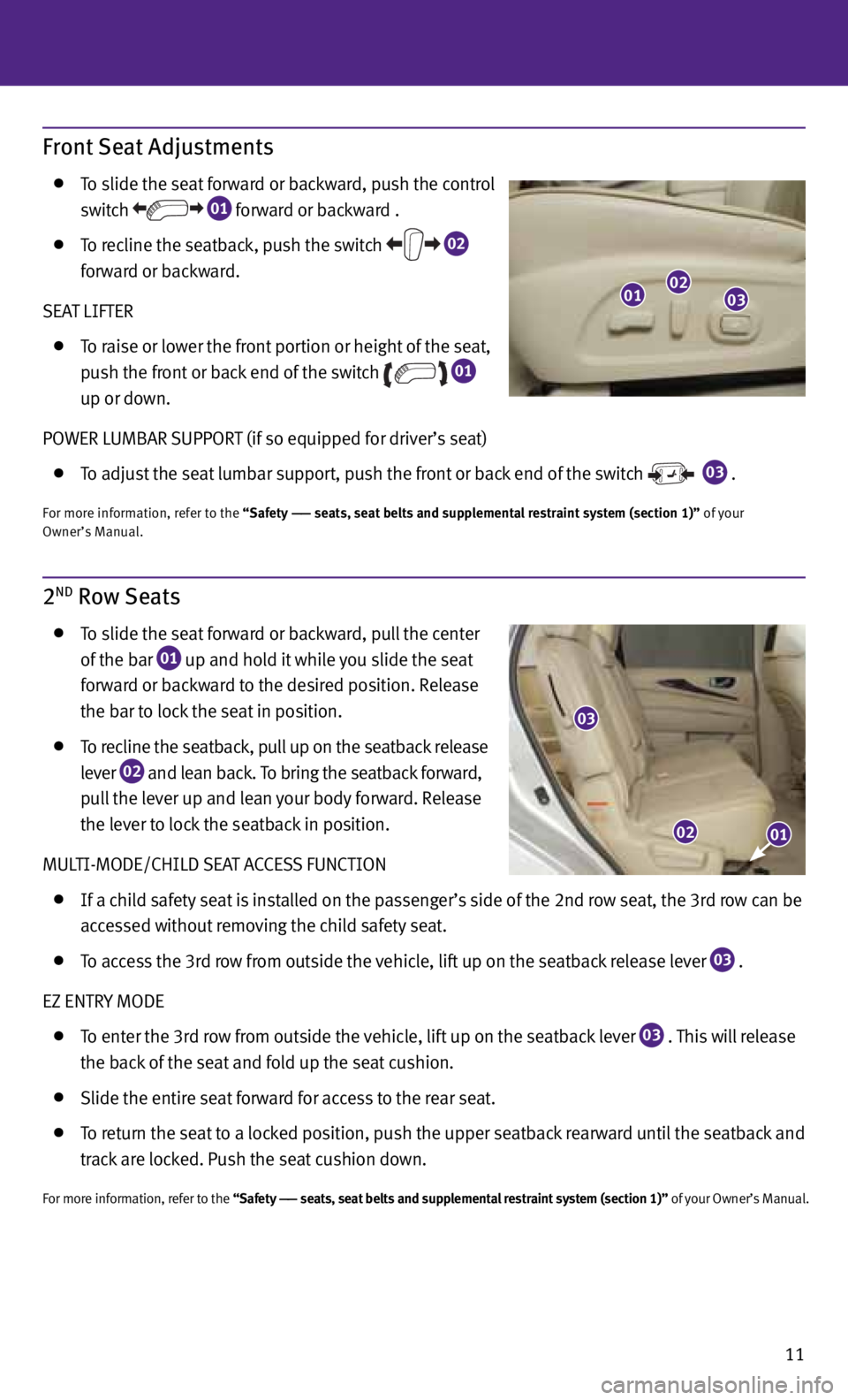 INFINITI JX 2013  Quick Reference Guide 11
Front Seat Adjustments
  To slide the seat forward or backward, push the control      
   switch
 
 01  forward or backward .
 
 
  To recline the seatback, push the switch
  02      
    forward o