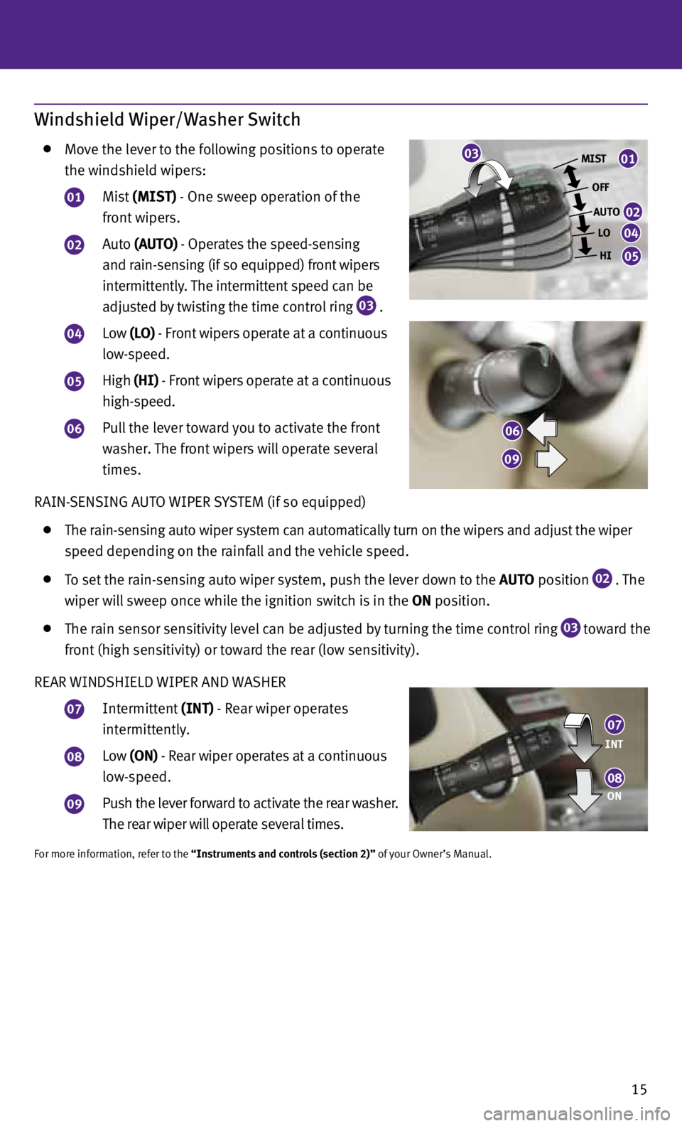 INFINITI JX 2013  Quick Reference Guide Windshield Wiper/Washer Switch
  Move the lever to the following positions to operate 
    the windshield wipers:   
  
01  Mist  (MIST) - One sweep operation of the   
     front wipers.  
  
02  Aut