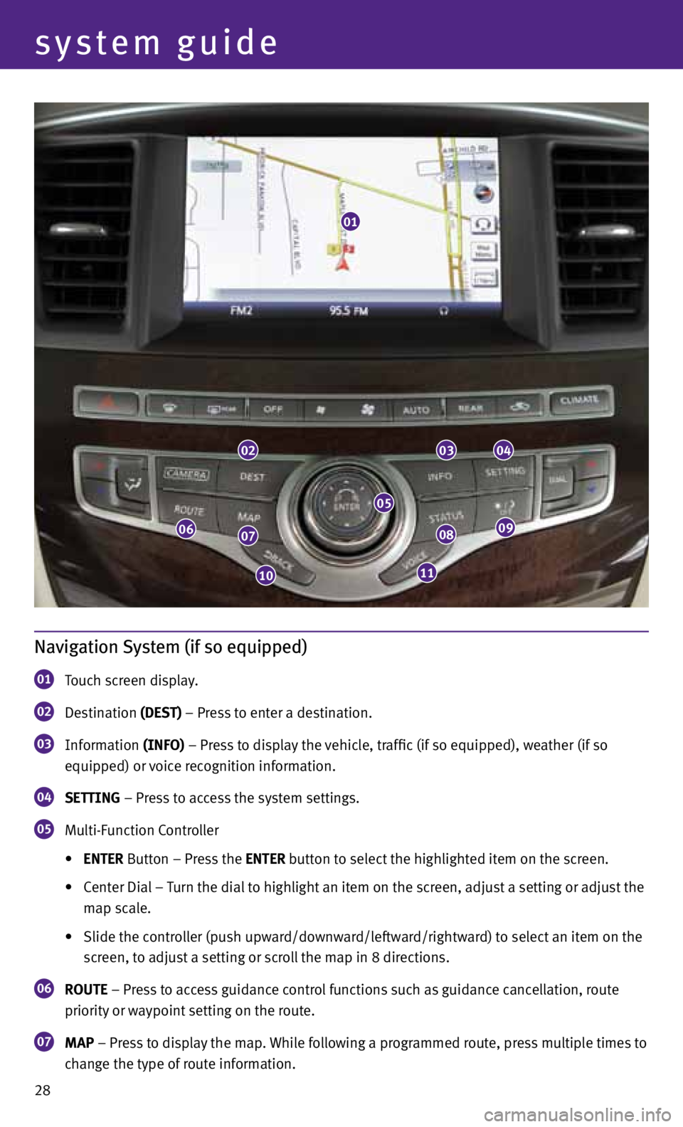 INFINITI JX 2013  Quick Reference Guide 28
system guide
Navigation System (if so equipped)
01  Touch screen display.
 
02  Destination 
(DEST) – Press to enter a destination.  
03  Information 
(INFO) – Press to display the vehicle, tra