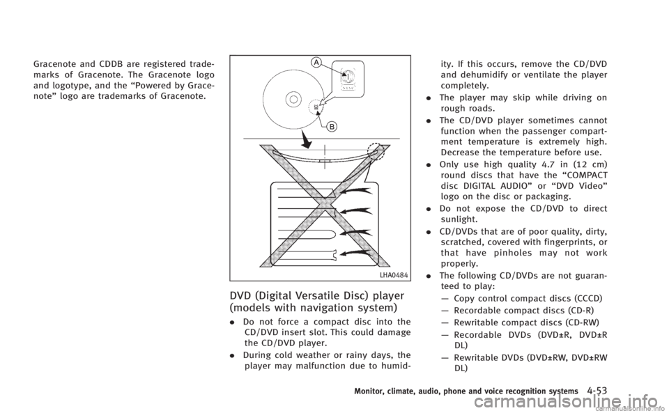 INFINITI M 2013 Owners Guide Gracenote and CDDB are registered trade-
marks of Gracenote. The Gracenote logo
and logotype, and the“Powered by Grace-
note” logo are trademarks of Gracenote.
LHA0484
DVD (Digital Versatile Disc) INFINITI M 2013 Owners Guide Gracenote and CDDB are registered trade-
marks of Gracenote. The Gracenote logo
and logotype, and the“Powered by Grace-
note” logo are trademarks of Gracenote.
LHA0484
DVD (Digital Versatile Disc)