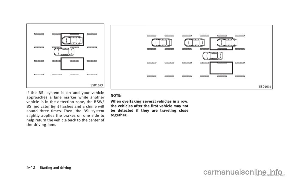 INFINITI M 2013 Owners Manual 5-42Starting and driving
SSD1093
If the BSI system is on and your vehicle
approaches a lane marker while another
vehicle is in the detection zone, the BSW/
BSI indicator light flashes and a chime will INFINITI M 2013 Owners Manual 5-42Starting and driving
SSD1093
If the BSI system is on and your vehicle
approaches a lane marker while another
vehicle is in the detection zone, the BSW/
BSI indicator light flashes and a chime will