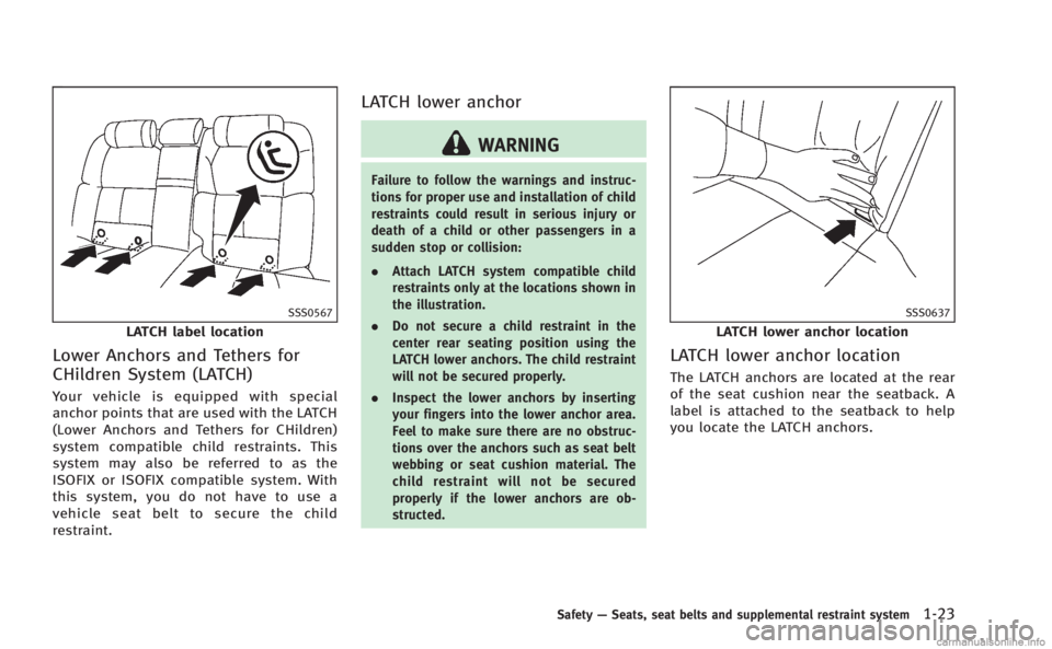 INFINITI M 2013 Service Manual SSS0567
LATCH label location
Lower Anchors and Tethers for
CHildren System (LATCH)
Your vehicle is equipped with special
anchor points that are used with the LATCH
(Lower Anchors and Tethers for CHild