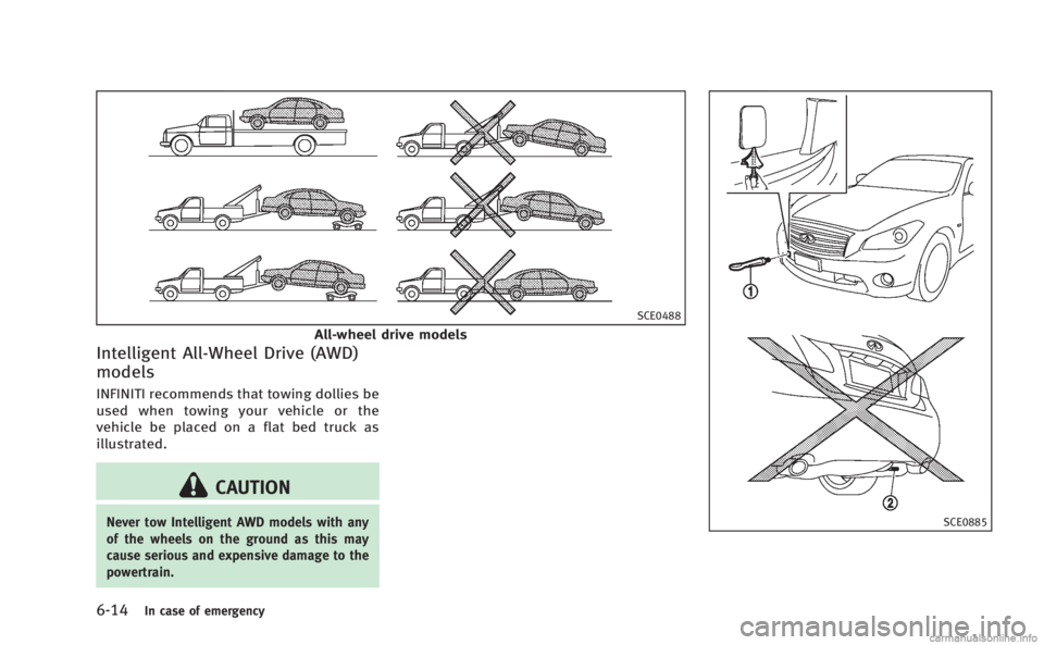 INFINITI M 2013 Owners Manual 6-14In case of emergency
SCE0488
All-wheel drive models
Intelligent All-Wheel Drive (AWD)
models
INFINITI recommends that towing dollies be
used when towing your vehicle or the
vehicle be placed on a INFINITI M 2013 Owners Manual 6-14In case of emergency
SCE0488
All-wheel drive models
Intelligent All-Wheel Drive (AWD)
models
INFINITI recommends that towing dollies be
used when towing your vehicle or the
vehicle be placed on a