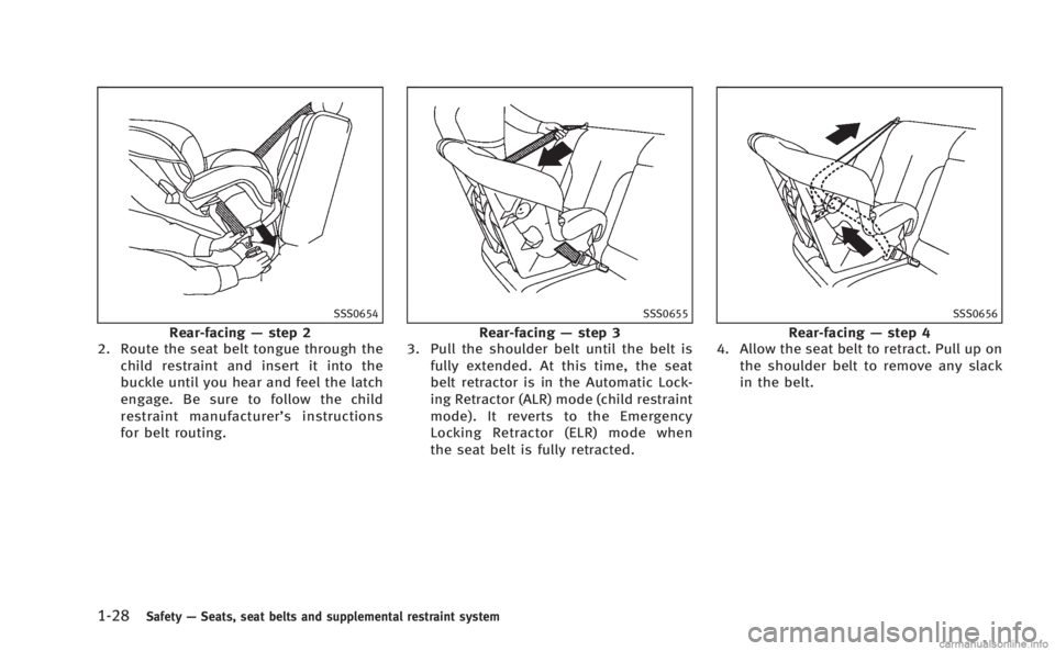 INFINITI M 2013 Service Manual 1-28Safety—Seats, seat belts and supplemental restraint system
SSS0654
Rear-facing —step 2
2. Route the seat belt tongue through the
child restraint and insert it into the
buckle until you hear an