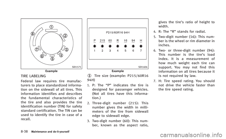 INFINITI M 2013  Owners Manual 8-38Maintenance and do-it-yourself
SDI1575
Example
TIRE LABELING
Federal law requires tire manufac-
turers to place standardized informa-
tion on the sidewall of all tires. This
information identifies