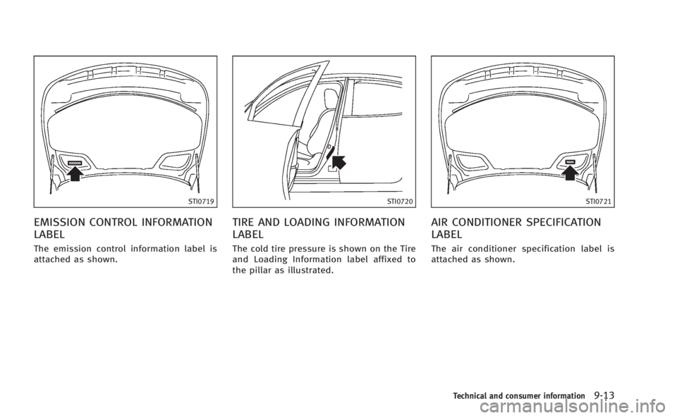 INFINITI M 2013  Owners Manual STI0719
EMISSION CONTROL INFORMATION
LABEL
The emission control information label is
attached as shown.
STI0720
TIRE AND LOADING INFORMATION
LABEL
The cold tire pressure is shown on the Tire
and Loadi