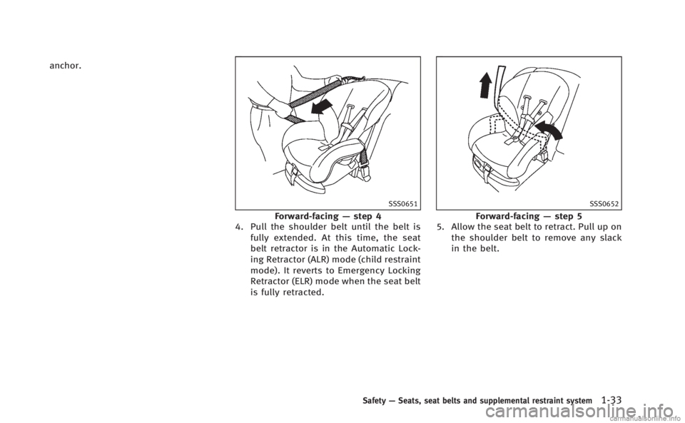 INFINITI M 2013 Workshop Manual anchor.
SSS0651
Forward-facing—step 4
4. Pull the shoulder belt until the belt is
fully extended. At this time, the seat
belt retractor is in the Automatic Lock-
ing Retractor (ALR) mode (child rest INFINITI M 2013 Workshop Manual anchor.
SSS0651
Forward-facing—step 4
4. Pull the shoulder belt until the belt is
fully extended. At this time, the seat
belt retractor is in the Automatic Lock-
ing Retractor (ALR) mode (child rest